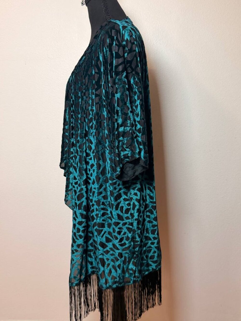 LulaRoe Teal Black Burnout Velvet Fringe Kimono Boho Festival Duster Large - Picture 3 of 9